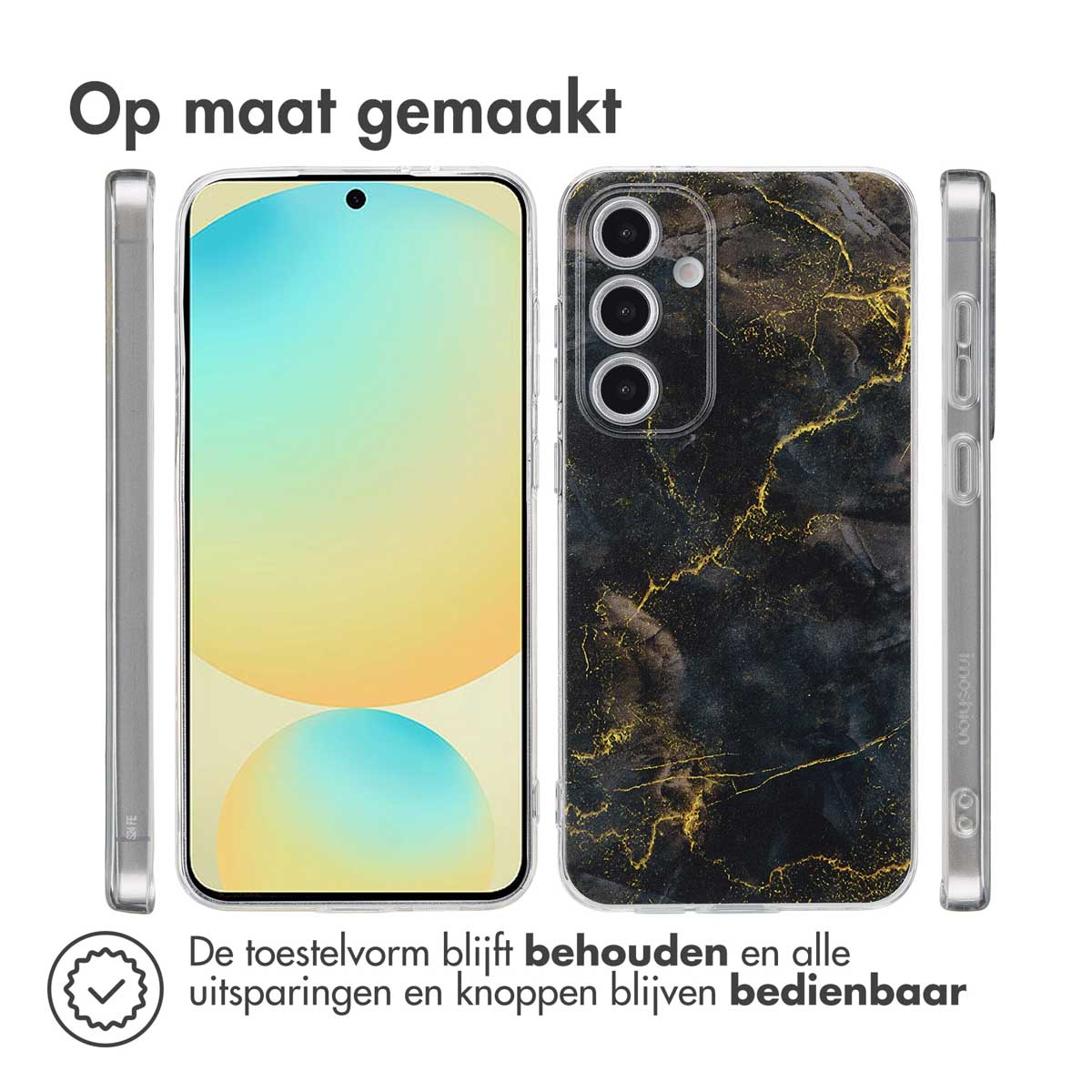 Telefoonhoesje met zwart marmer design, verschillende aanzichten, tekst: op maat gemaakt.