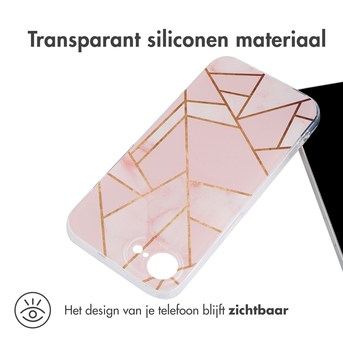 Eine Handyhülle mit rosa Marmordesign und goldenen Linien. Das Design des Telefons bleibt sichtbar.