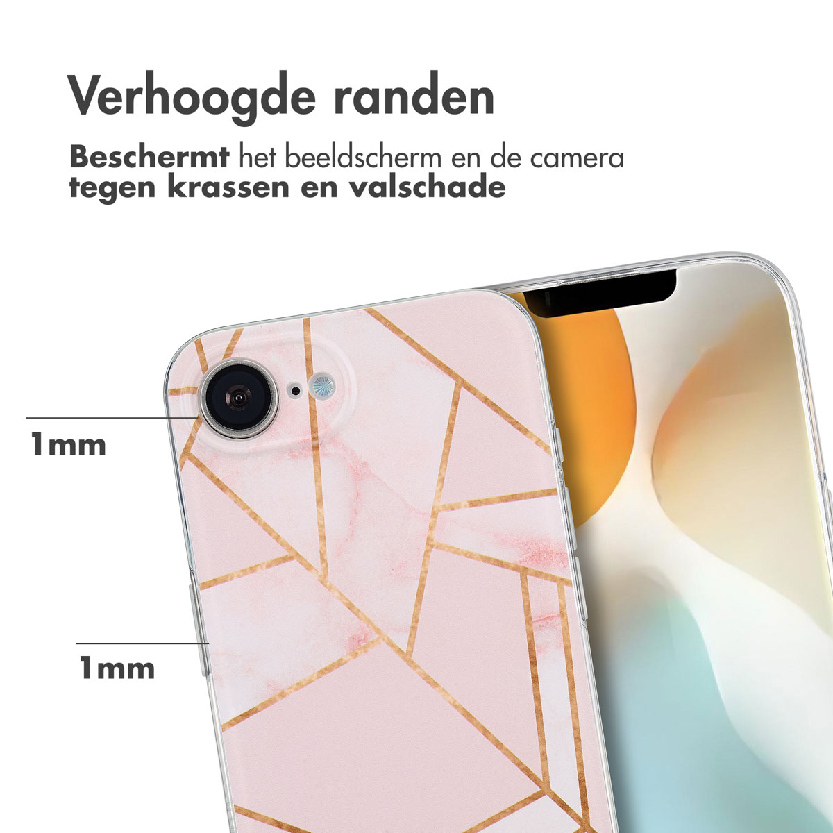 Eine rosa Handyhülle mit goldenen Linien. Das Telefon befindet sich in der Hülle mit erhöhten Kanten.