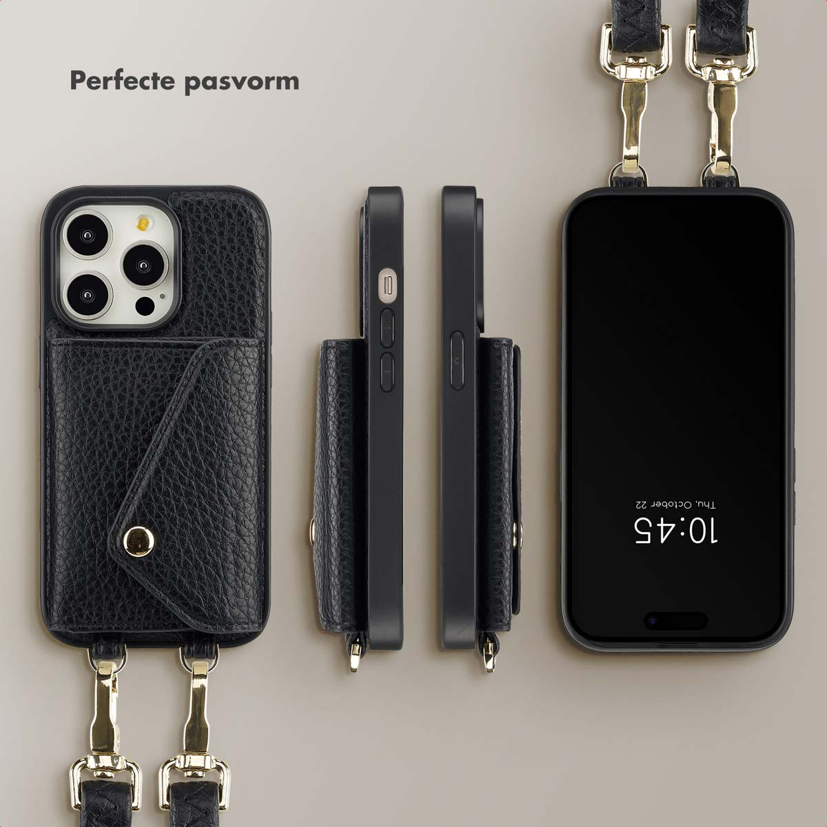Coque de téléphone noire avec portefeuille et sangle. Trois vues présentant les détails du téléphone et de la coque.