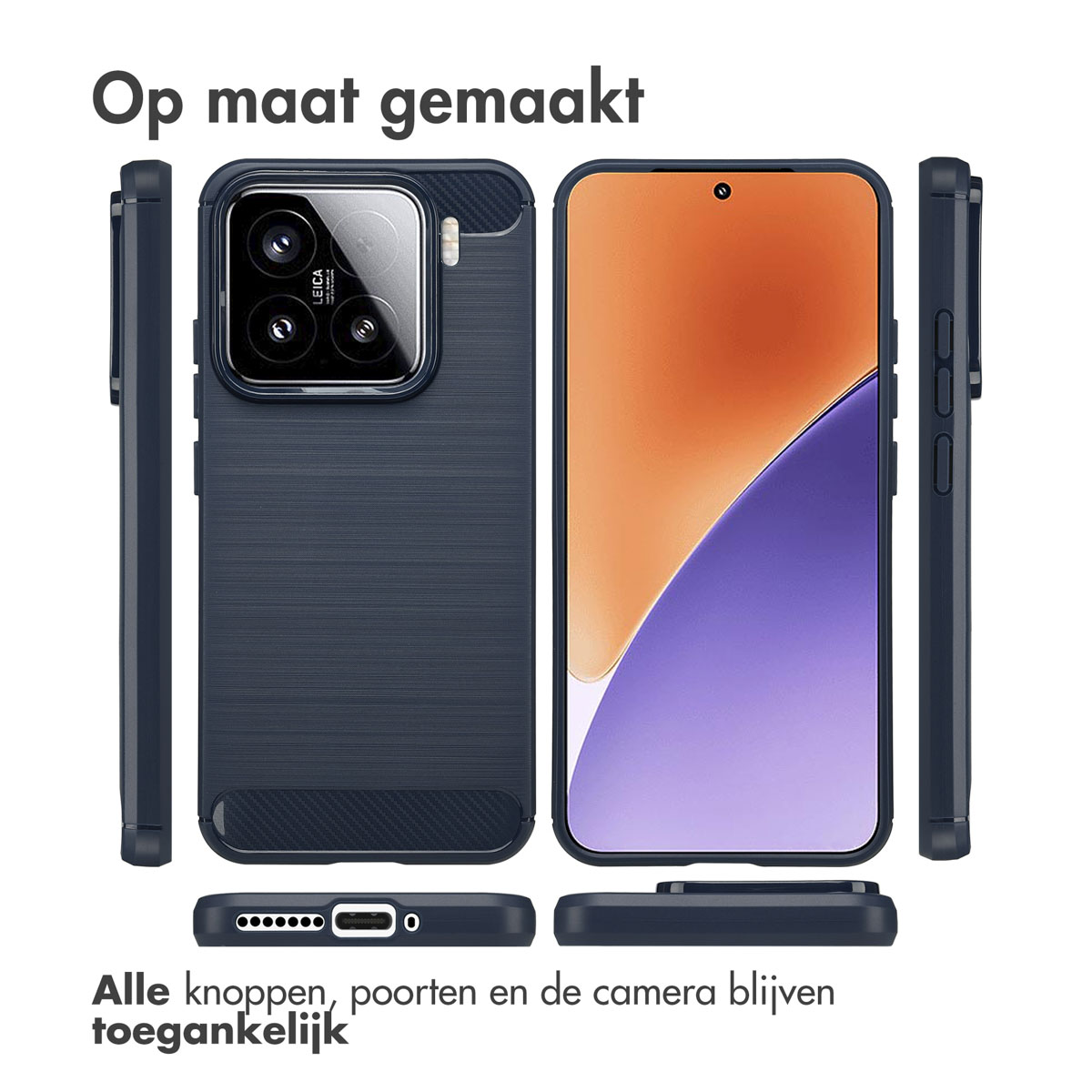 Donkerblauw telefoonhoesje. Telefoon in een hoesje. Tekst: Op maat gemaakt en alle knoppen, poorten en camera toegankelijk.