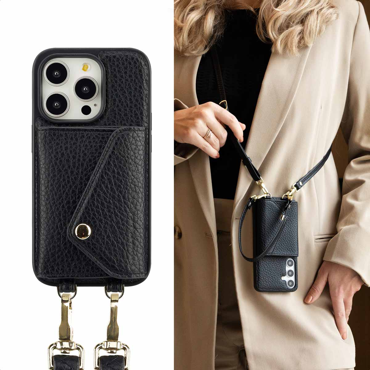 Étui de téléphone en cuir noir avec une sangle. Le téléphone a un porte-cartes et est sur un fond beige.