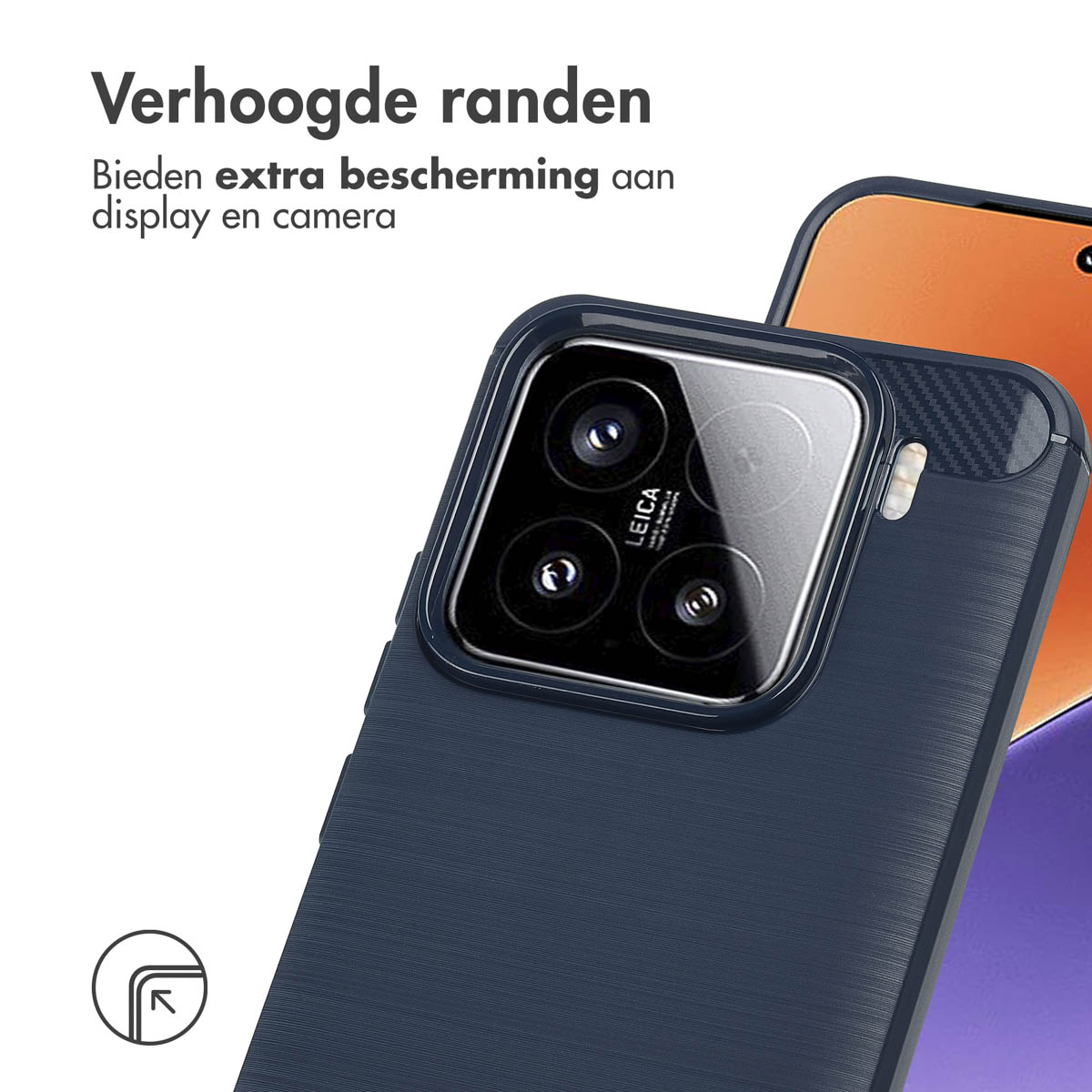 Donkerblauwe telefoonhoes met textuurpatroon. Telefooncamera zichtbaar met een deel van het scherm.