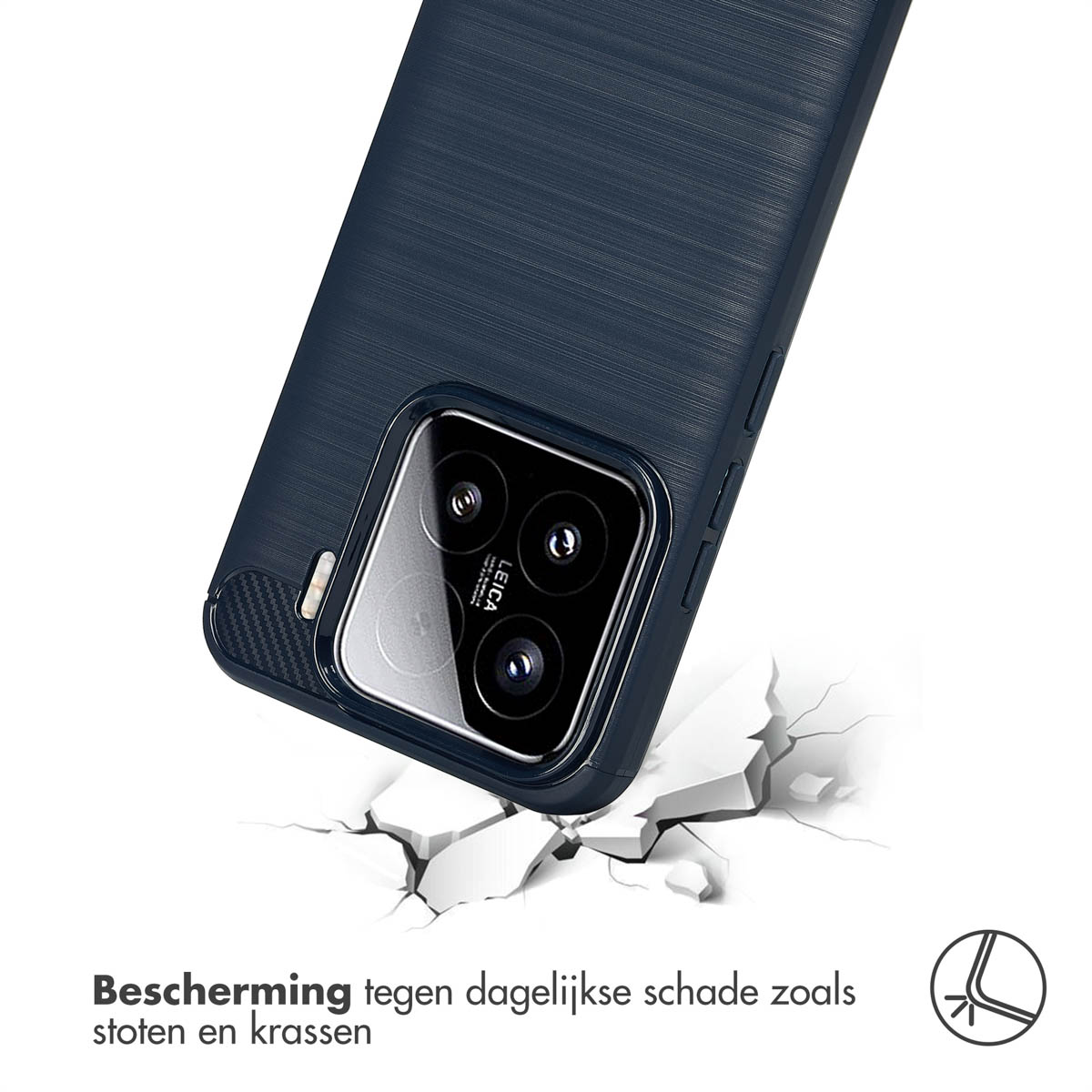 Marineblauwe telefoonhoes met textuurdesign, met wit puin. Tekst: bescherming tegen schade.