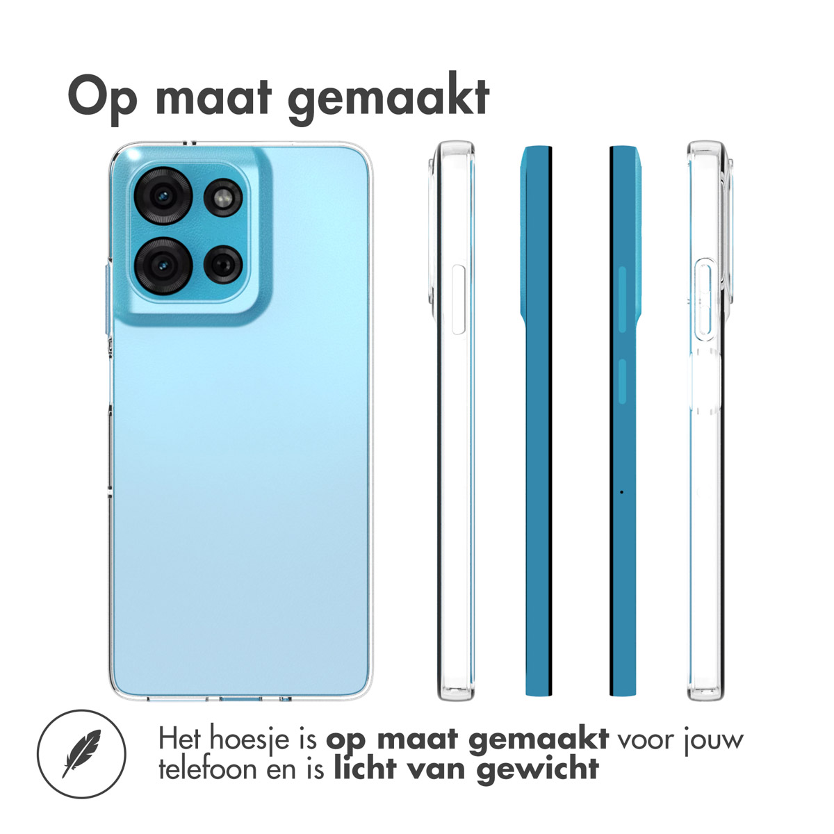 Blauw telefoonhoesje met lichtblauwe telefoon, met een veerpictogram en tekst.