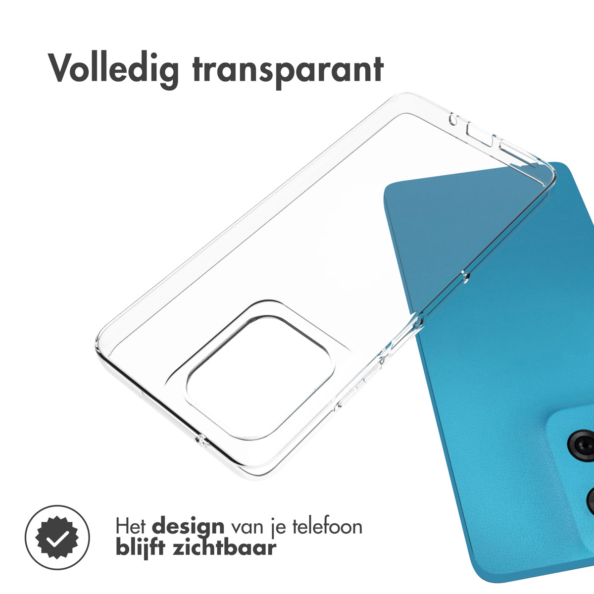 Custodia trasparente per telefono su un telefono blu. Testo: Il design del tuo telefono rimane visibile.