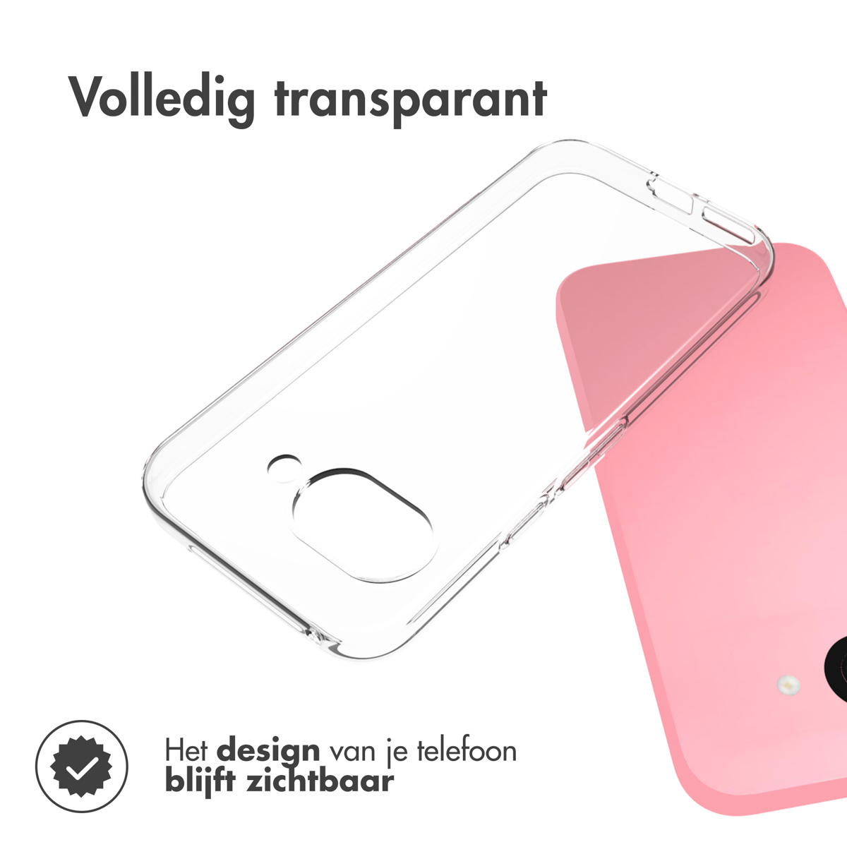Clear phone case over a pink phone, showing its design, text says: The design of your phone is visible.