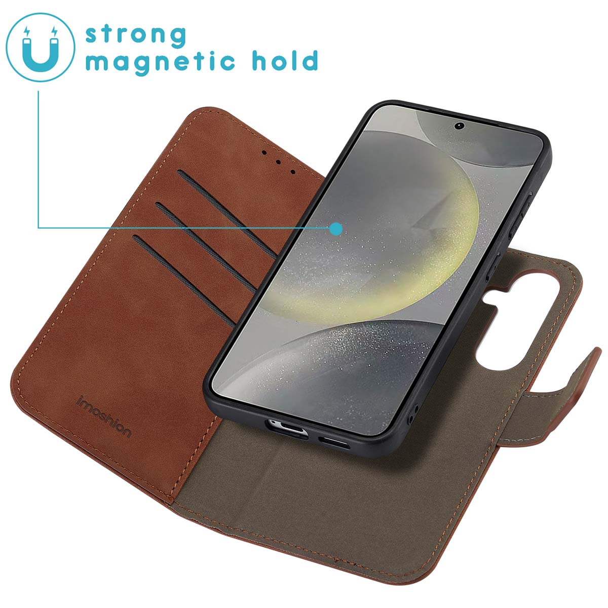 A brown wallet phone case. A phone is inserted into the case, and the case is partially opened.