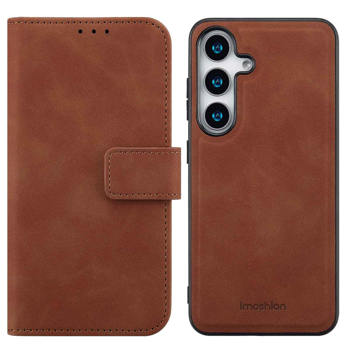 Brown wallet phone case. The phone is on the right. Text: Imoshion.