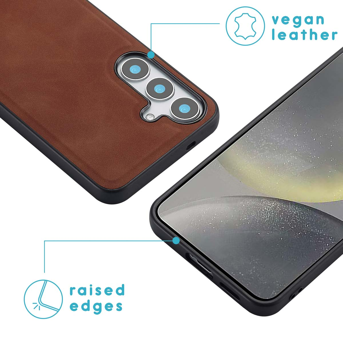 Brown vegan leather phone case. Phone inside. Raised edges. Close up shot.