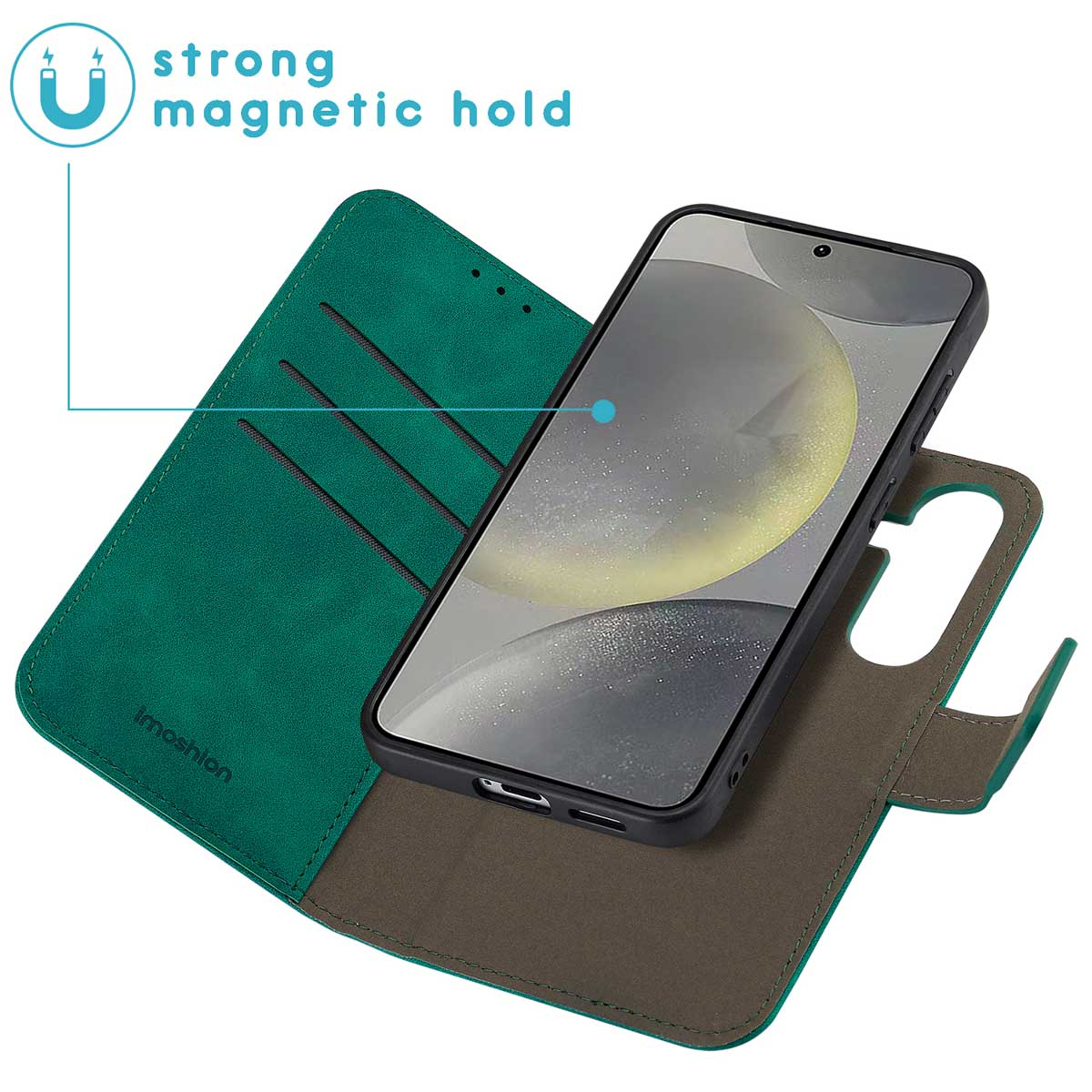 Green phone case, opened to show a phone. Case is open. Phone is visible.  Magnetic hold is indicated.