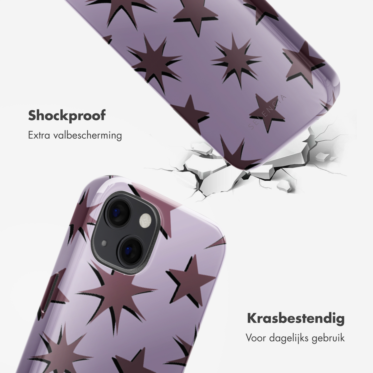 Coque de téléphone violette avec étoiles, texte sur la résistance aux chocs et aux rayures.