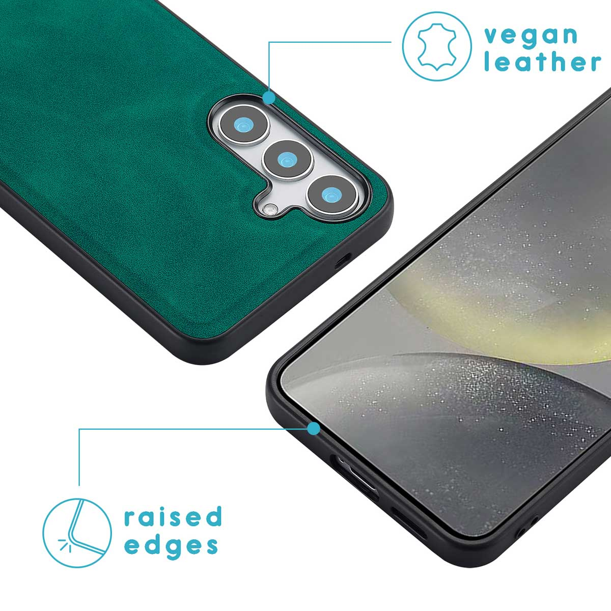 Green phone case, vegan leather. Text: raised edges. Phone with a modern camera setup is visible.