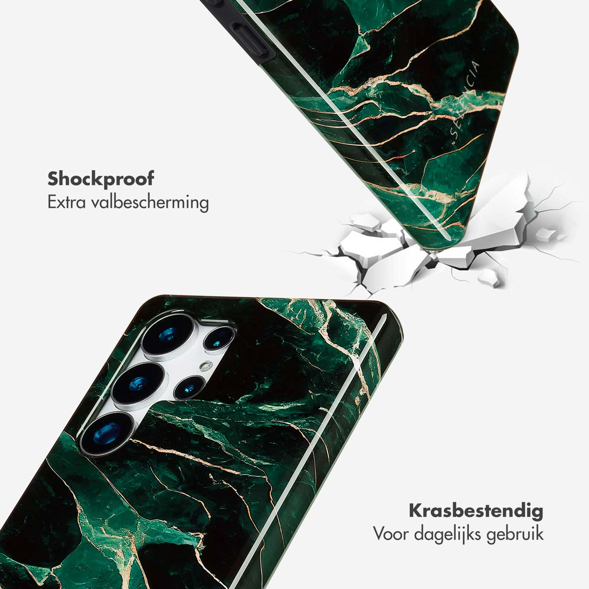 Telefoonhoesje met marmerpatroon, met een telefoon die valt. Tekst: Schokbestendig. Extra valbescherming.