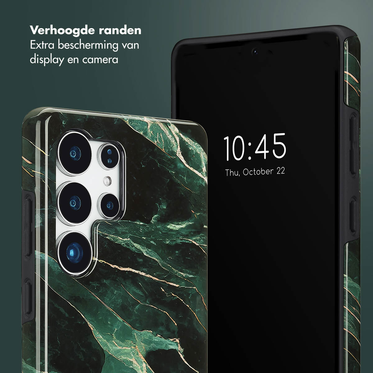 Een telefoon met een groene marmeren hoes naast een zwarte telefoon. De tijd is 10:45, donderdag 22 oktober.