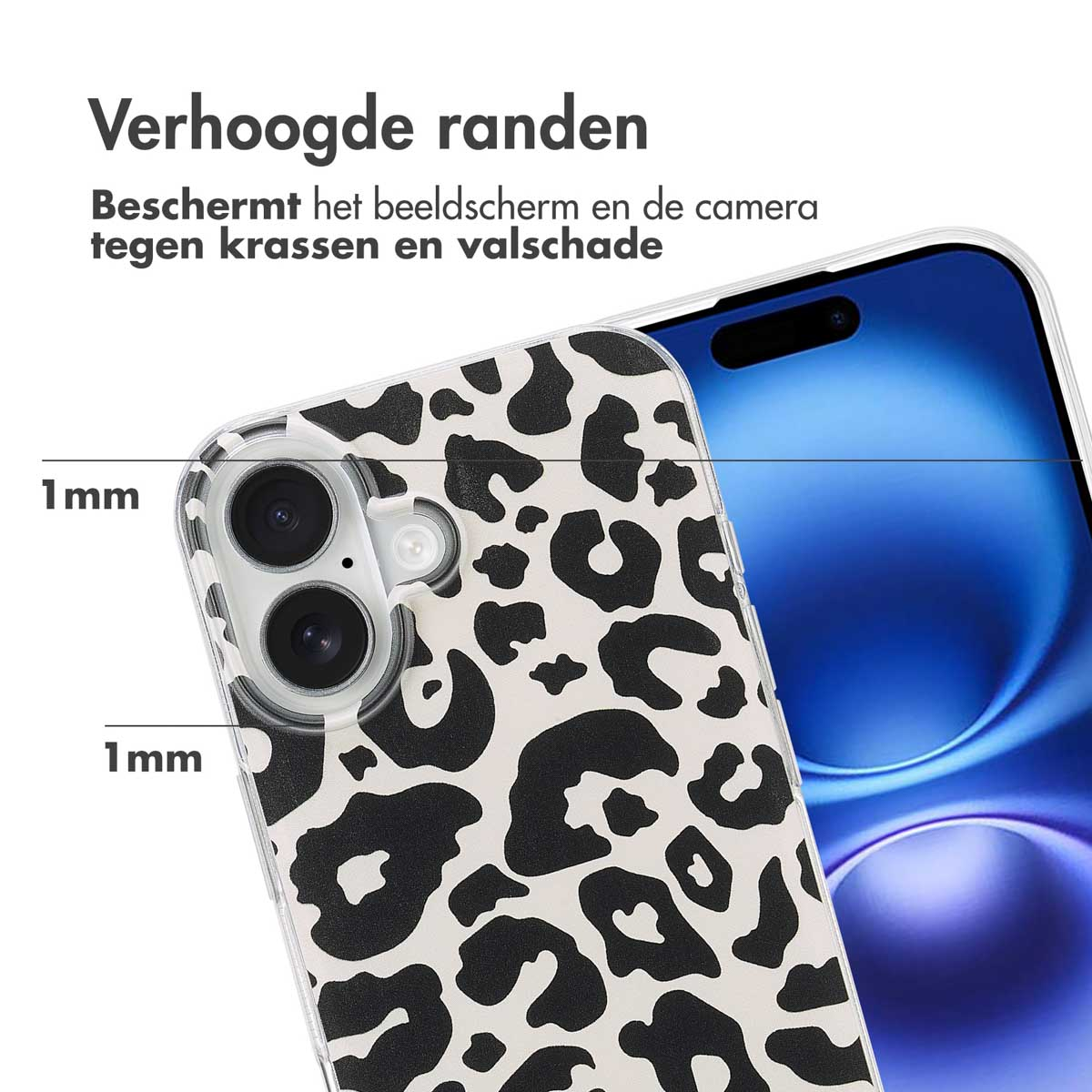 Close-up van een telefoonhoesje met een zwart-wit luipaardprint. Tekst geeft verhoogde randen aan.