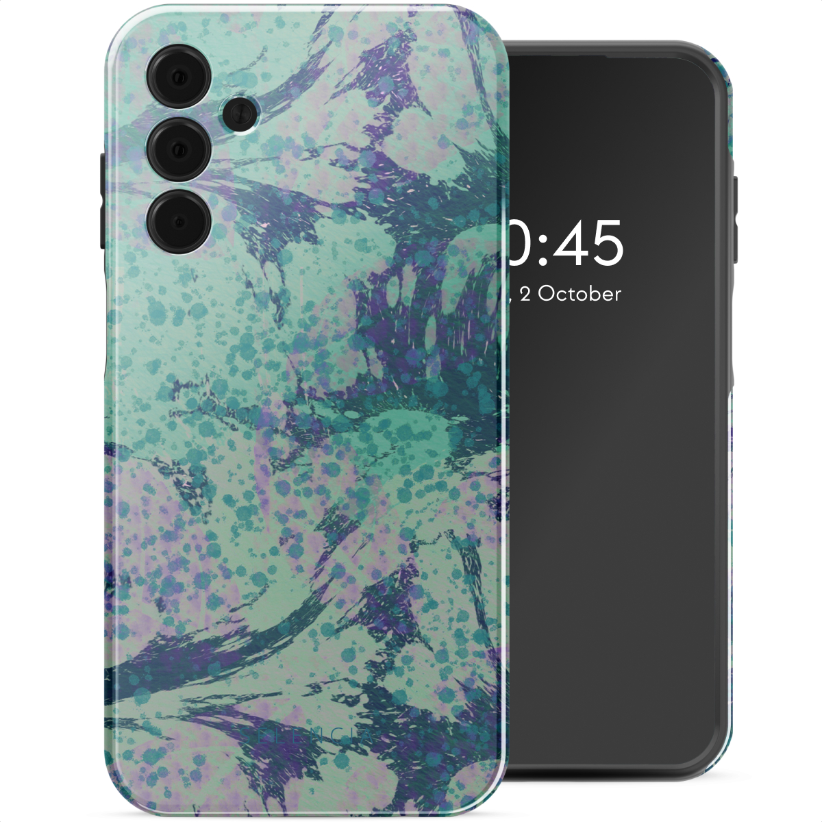 Telefoon met een kleurrijke splash telefoonhoes. Zwarte achtergrond.
