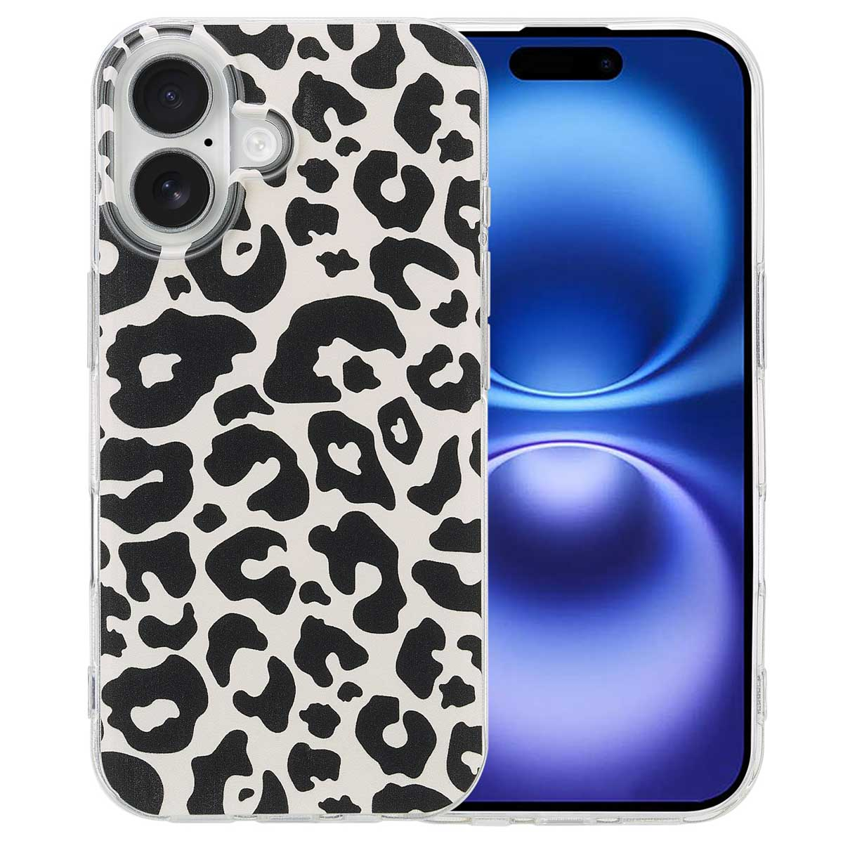 Telefoon in een hoesje met witte luipaardprint. Zwart-wit patroon.