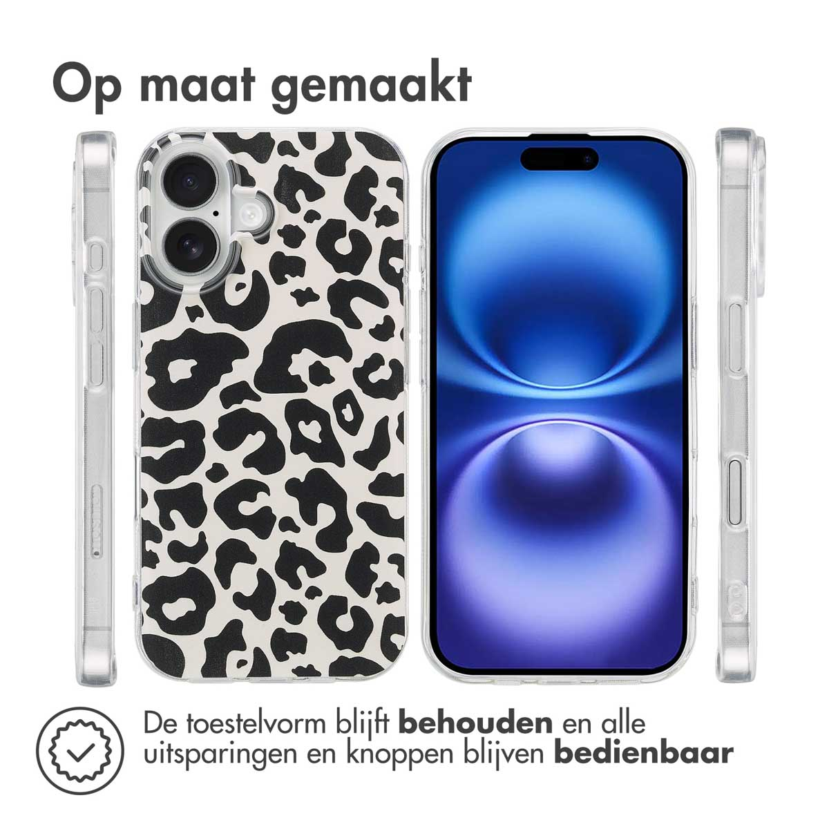 Een telefoon in een luipaardprint hoesje, met een zijaanzicht, en de tekst 'Op Maat Gemaakt'.