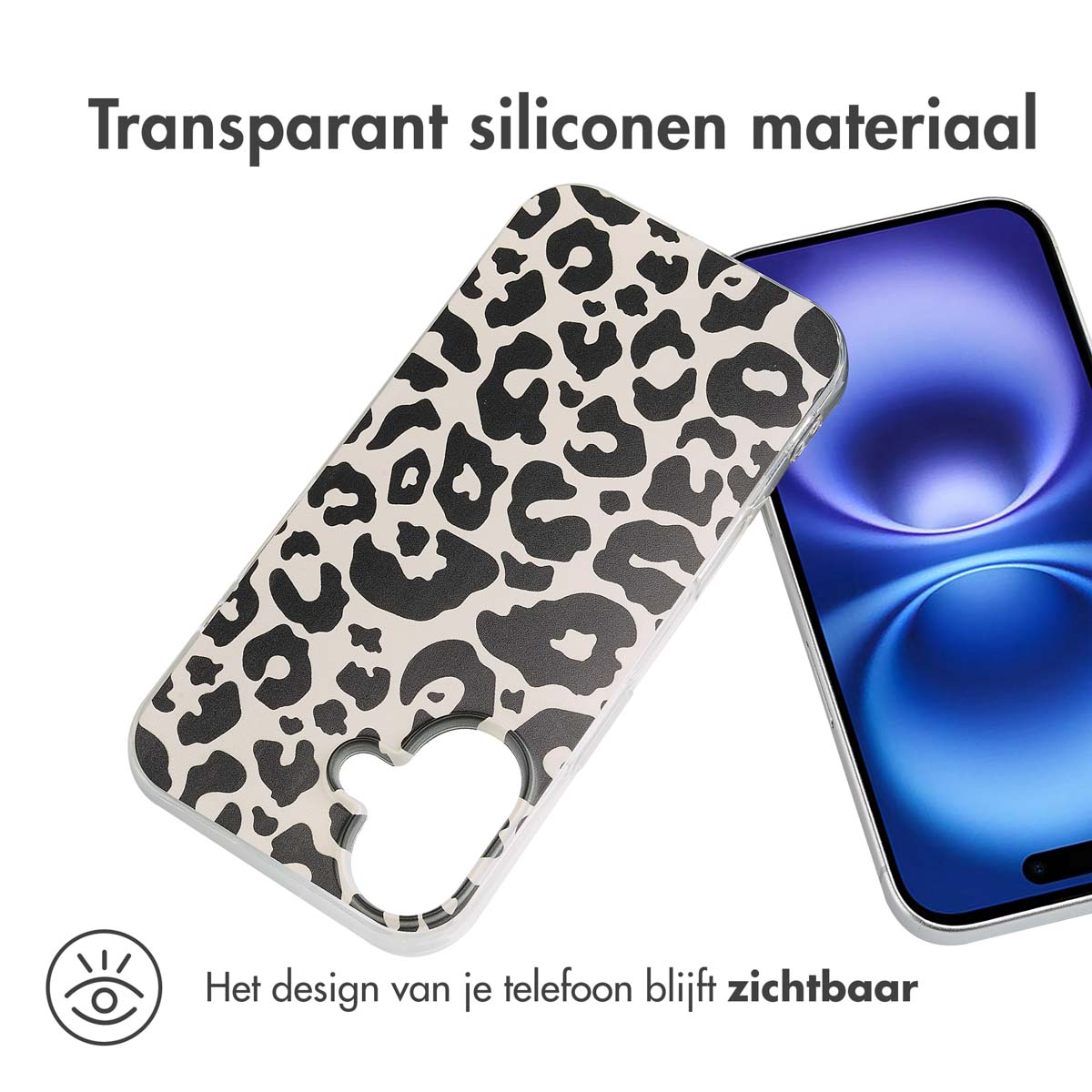 Telefoonhoesje met luipaardprint en een telefoon erin. Het ontwerp van de telefoon blijft zichtbaar.
