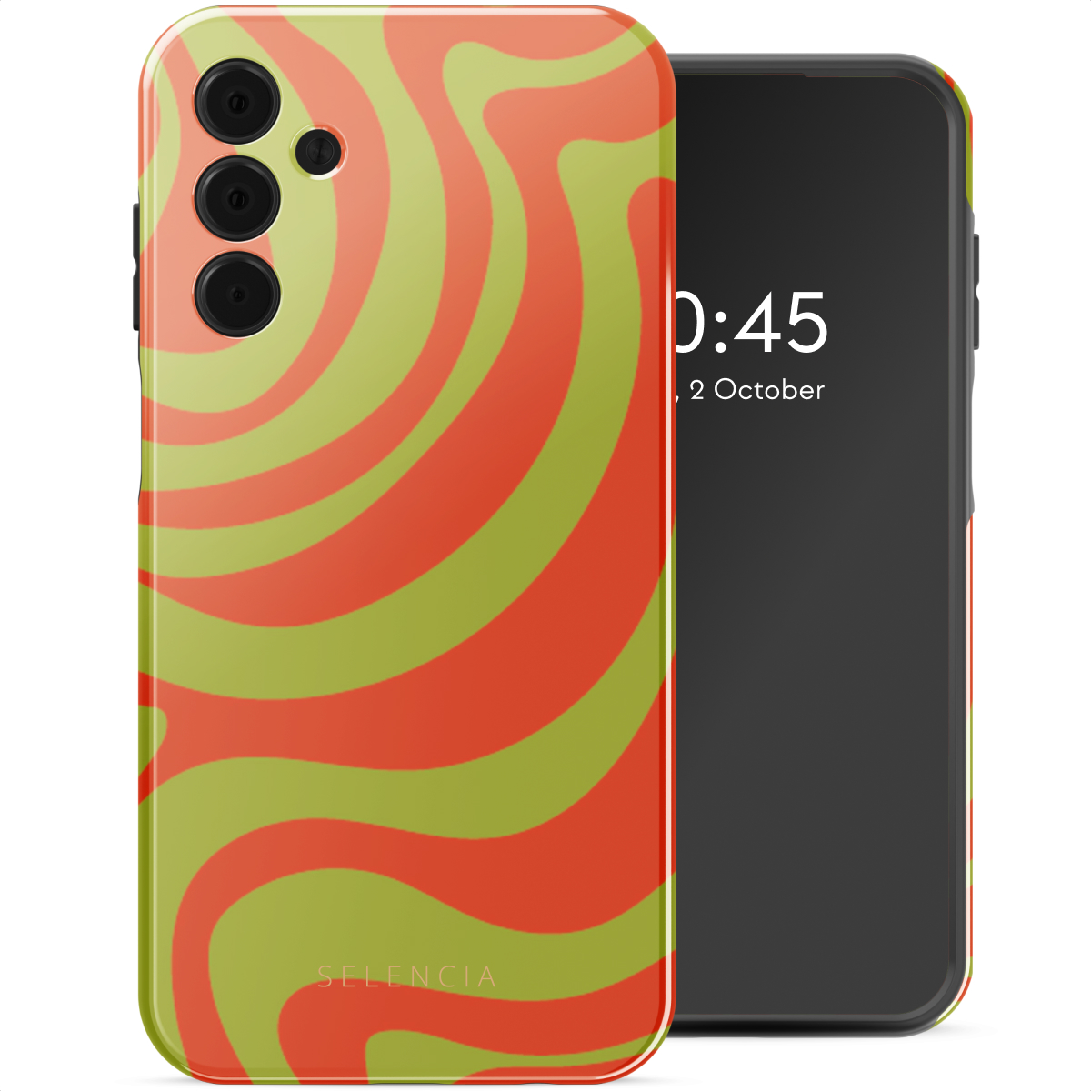 Telefoonhoesje met rode en groene wervelingen. Een telefoon ernaast met zwart scherm.