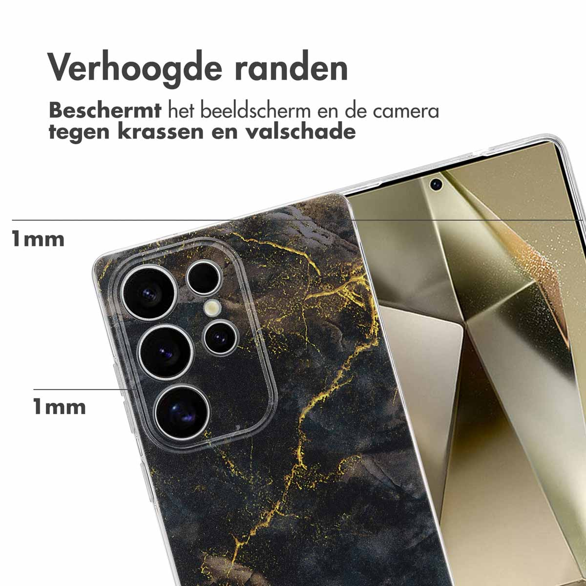 Coque de téléphone noire avec motif marbre doré. Texte: bords surélevés protégeant le téléphone.
