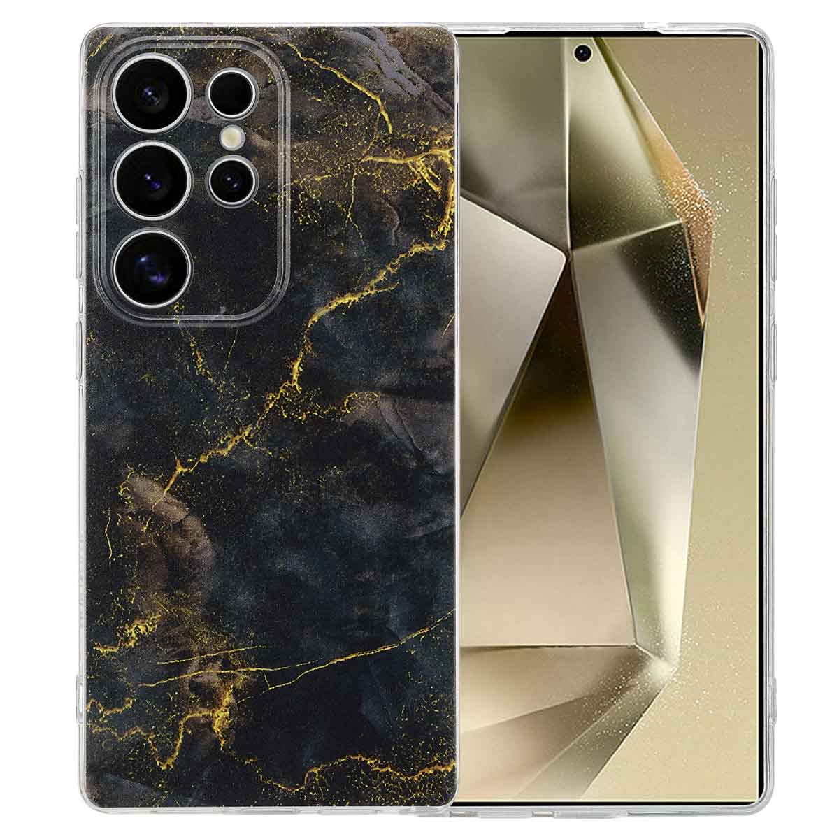 Coque de téléphone noire avec un design en marbre doré. Le téléphone est sur un écran. Texte : Imoshion.