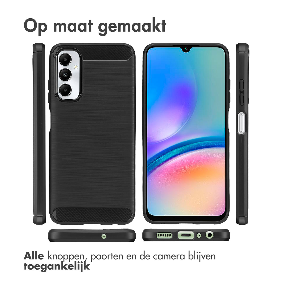 Coque de téléphone en plusieurs vues. Coque noire avec le texte Op maat gemaakt. Coque avec boutons et ports visibles.