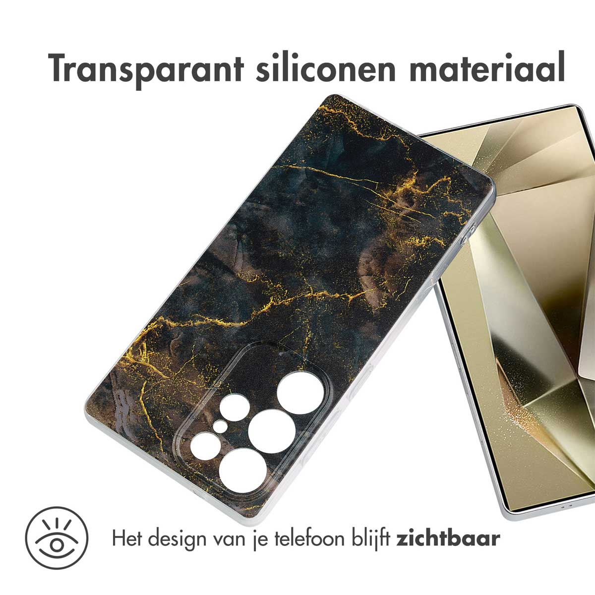 Une coque de téléphone transparente avec un motif marbré et un téléphone. La coque a une bosse de caméra.