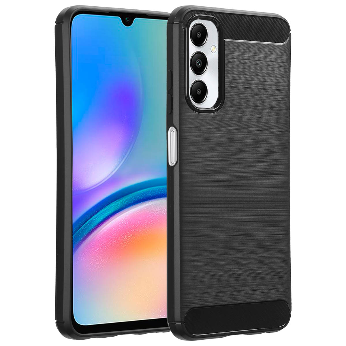 Téléphone noir avec étui texturé noir. Grand écran et triple appareil photo.
