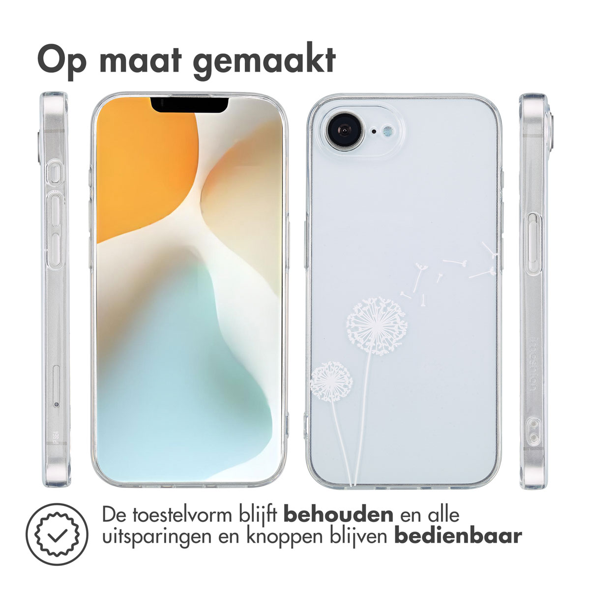 Handyhüllen mit Telefon im Inneren. Transparente Hülle mit Pusteblumen-Design und Telefon auf weißem Hintergrund.