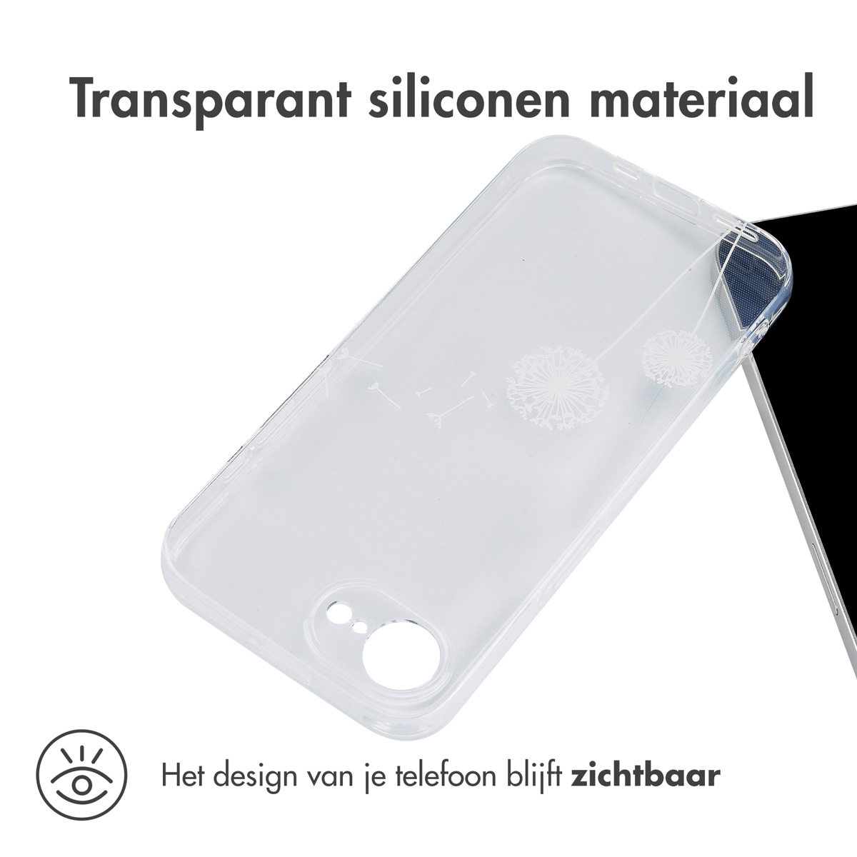Transparente Handyhülle mit einem Löwenzahn-Design. Das Design lässt die ursprüngliche Farbe des Telefons durchscheinen.