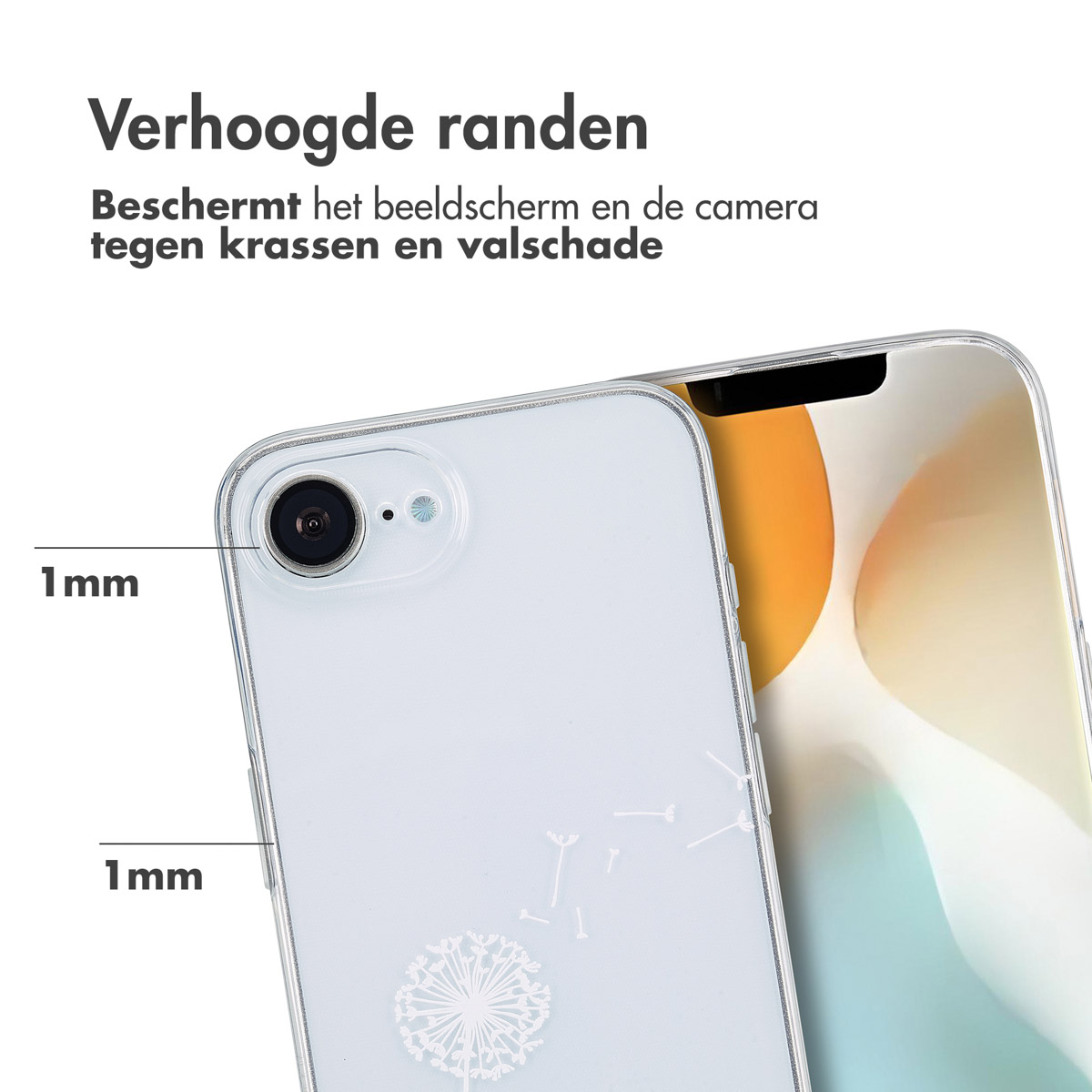 Transparente Handyhülle um ein Telefon. Text gibt '1mm' um die Kamera an und sagt 'Erhöhte Kanten'.