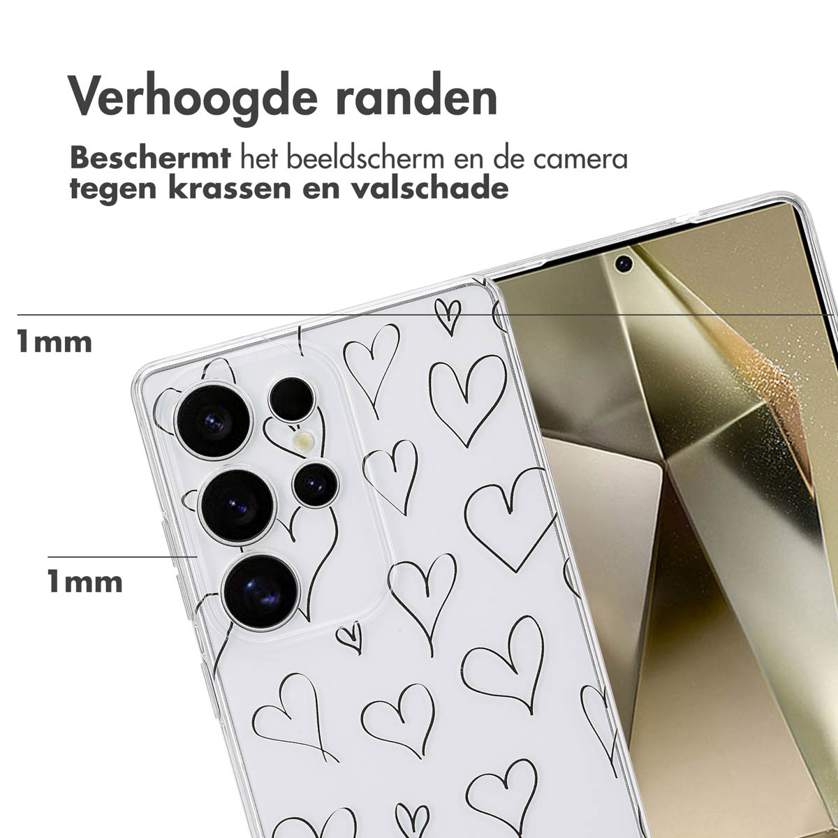Coque de téléphone avec un motif de cœurs. La coque est transparente avec des cœurs noirs. Bords surélevés visibles.