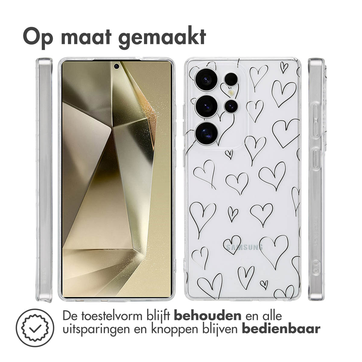 Coque de téléphone avec coeurs blancs sur fond transparent. Téléphone à l'intérieur. Différents angles.