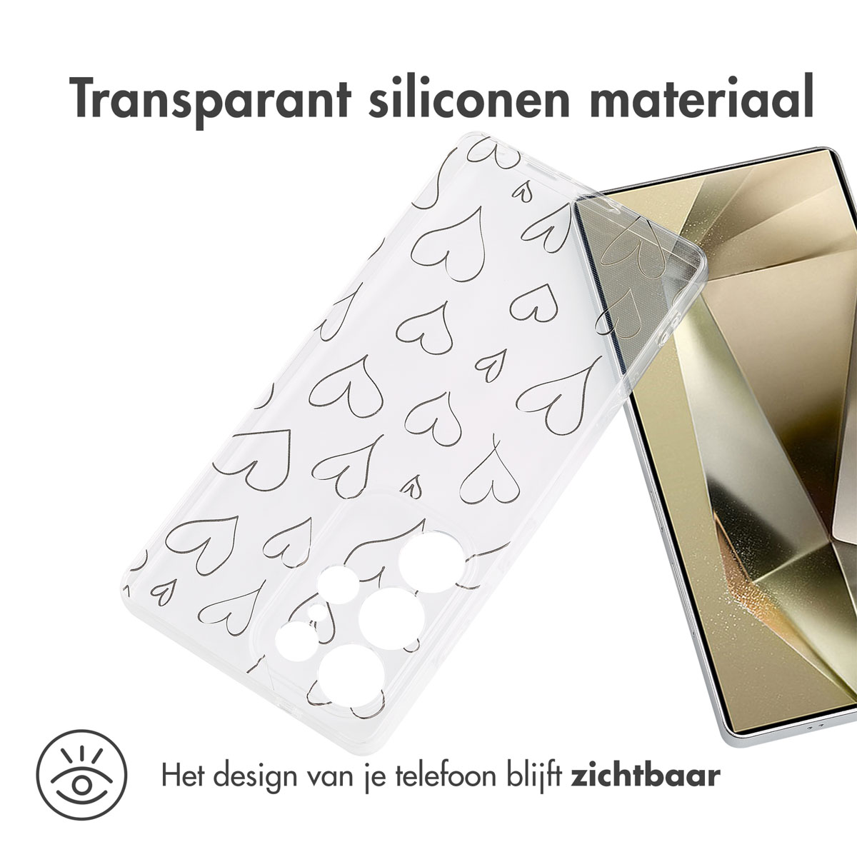 Coque de téléphone transparente avec motif de cœur, avec un téléphone et un fond.