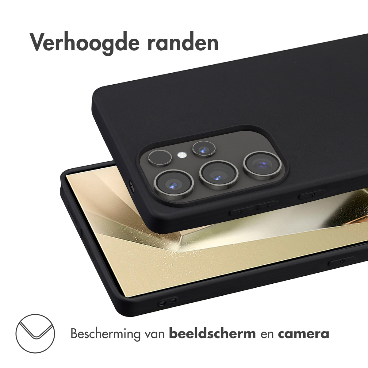 Zwarte telefoonhoes met een telefoon. De hoes heeft verhoogde randen. De camera en het scherm zijn beschermd.