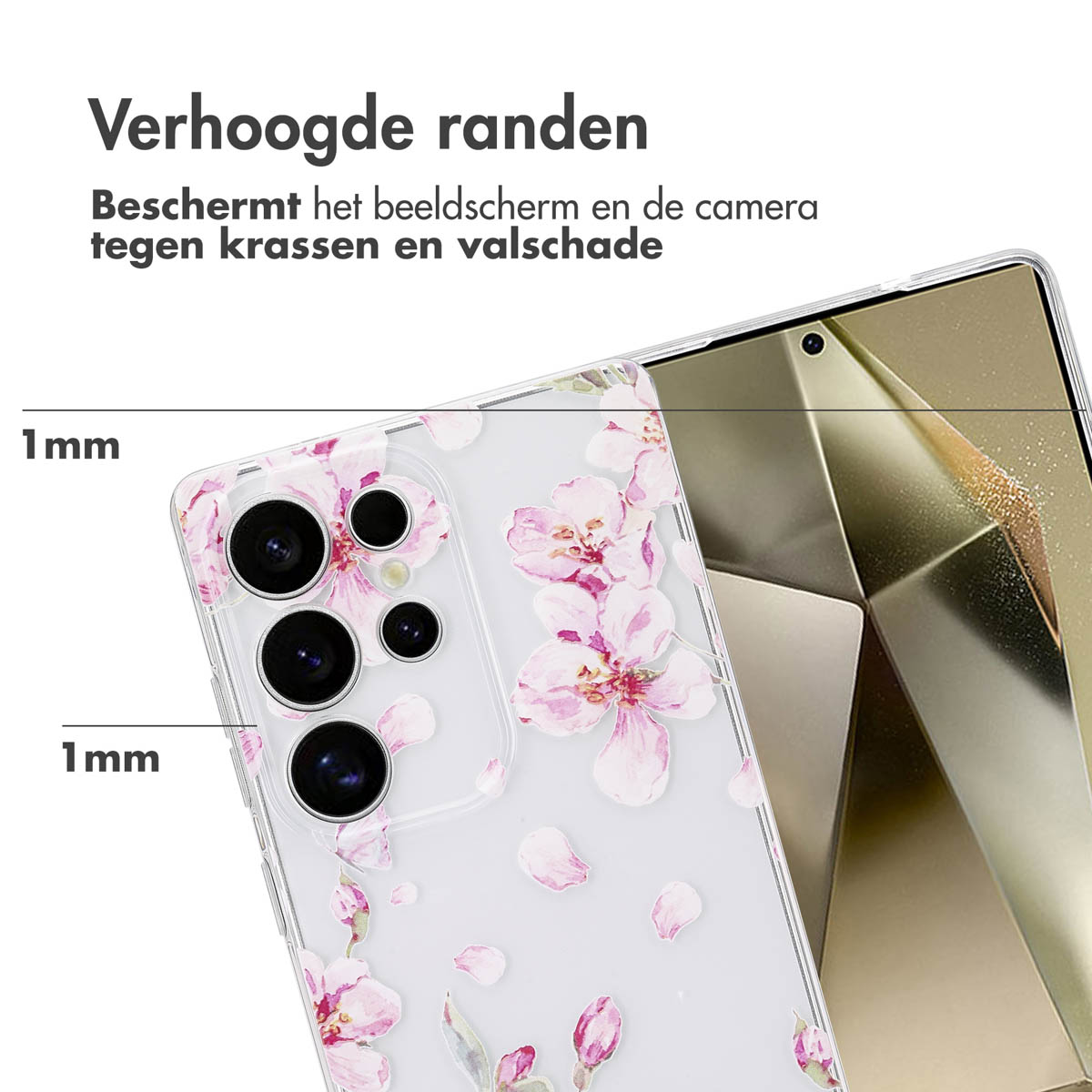 Transparant telefoonhoesje met bloemenontwerp, close-up, tekst: verhoogde randen beschermen scherm en camera.