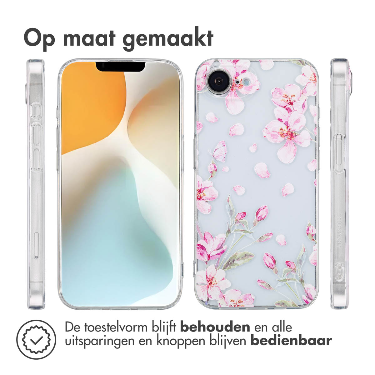 Handyhüllen mit Blumendesign, Telefon in der Mitte mit Hülle und zwei Seitenansichten.