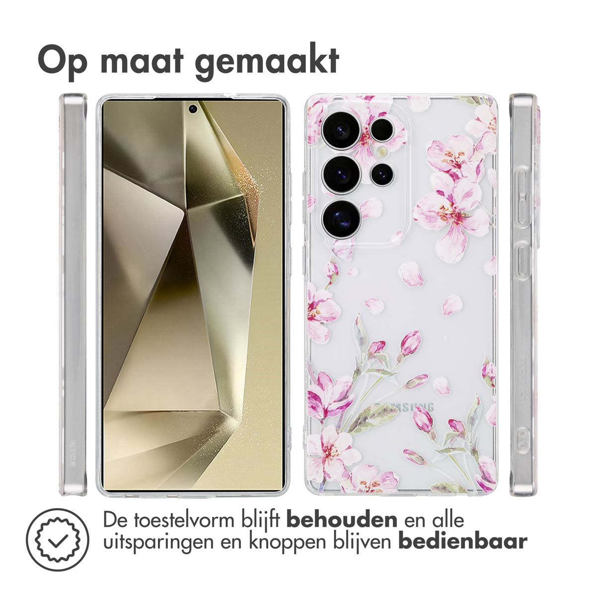 Telefoonhoesje met bloemenontwerp. De hoes is transparant met roze bloemen. De telefoon is zichtbaar.