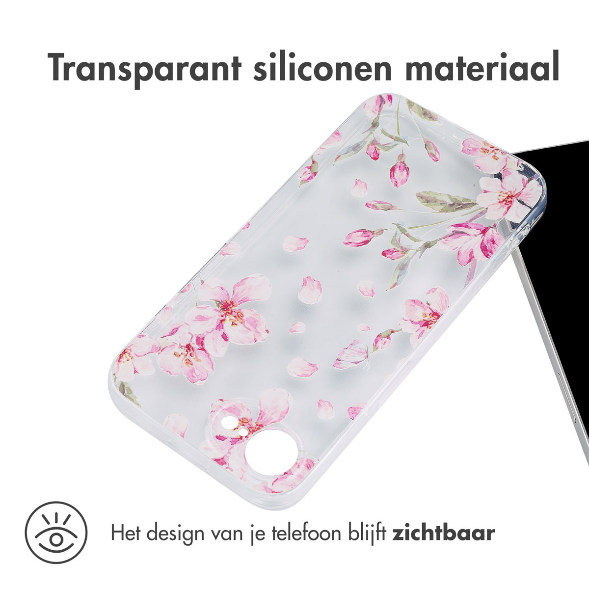 Transparente Handyhülle mit rosa Blumendesign. Die Handyhülle befindet sich auf weißem Hintergrund.