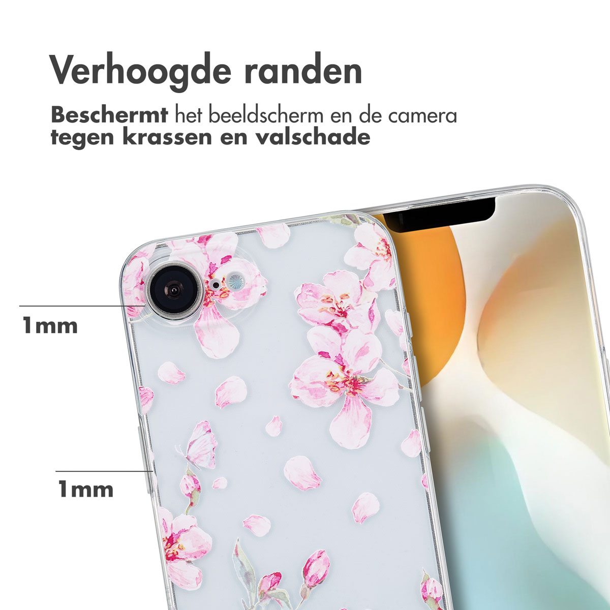 Handyhülle mit rosa Blumendesign. Telefon teilweise sichtbar. Text: 'Erhöhte Ränder schützen Bildschirm und Kamera'.