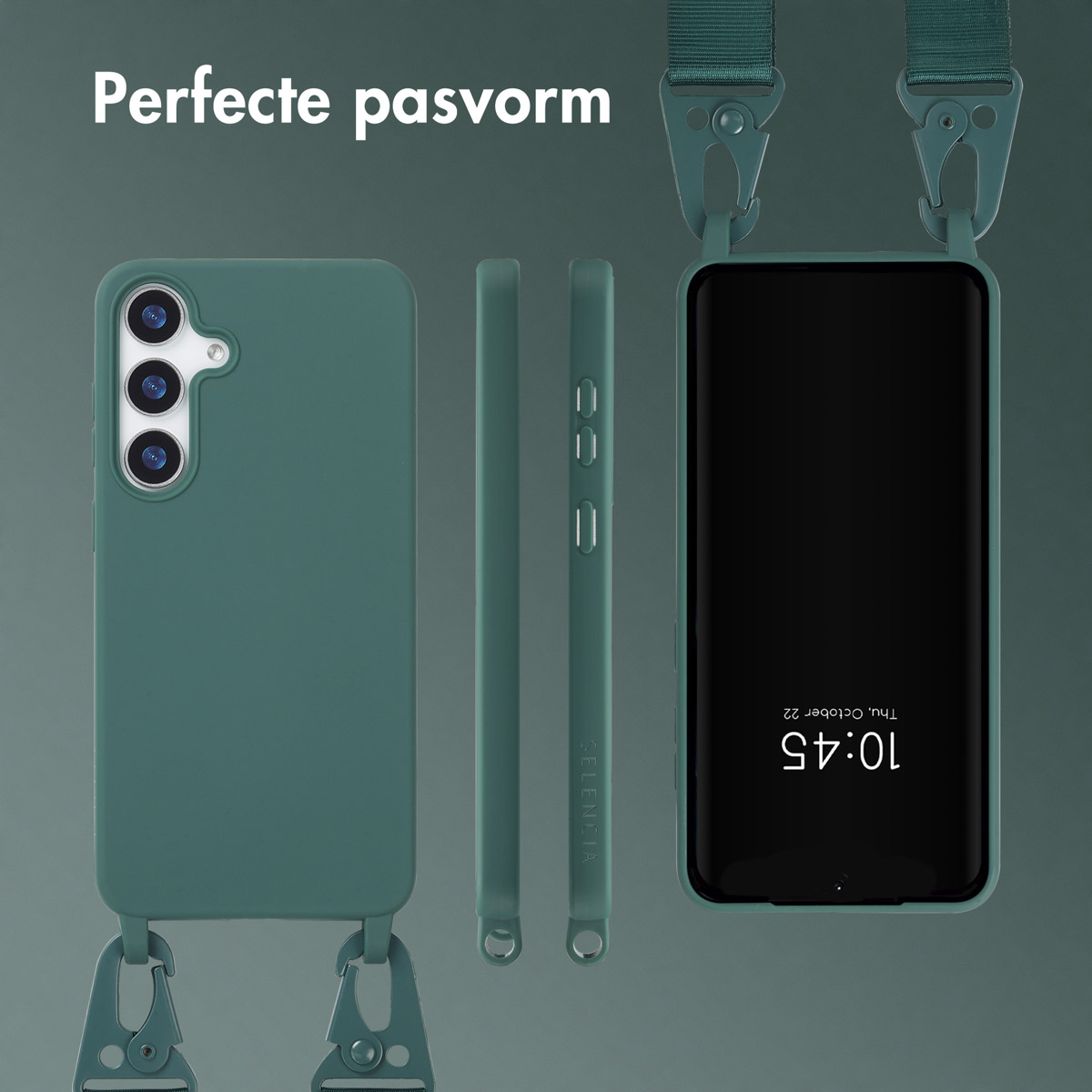 Groene telefoonhoes met telefoon erin en bevestigde bandjes.