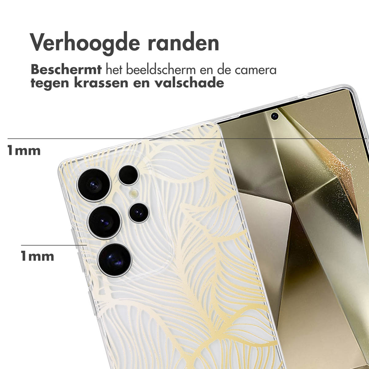 Handyhülle mit goldenem Blattdesign. Zeigt erhöhte Kanten und die Dicke der Hülle.