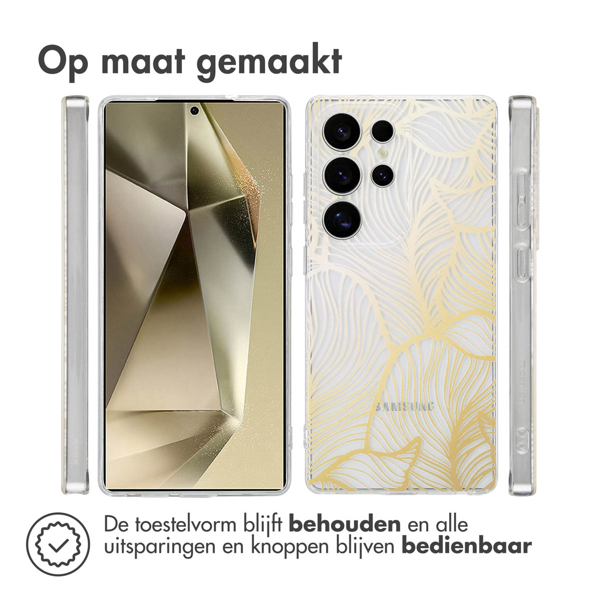 Transparente Handyhülle mit goldenem Blattdesign. Weißer Hintergrund.