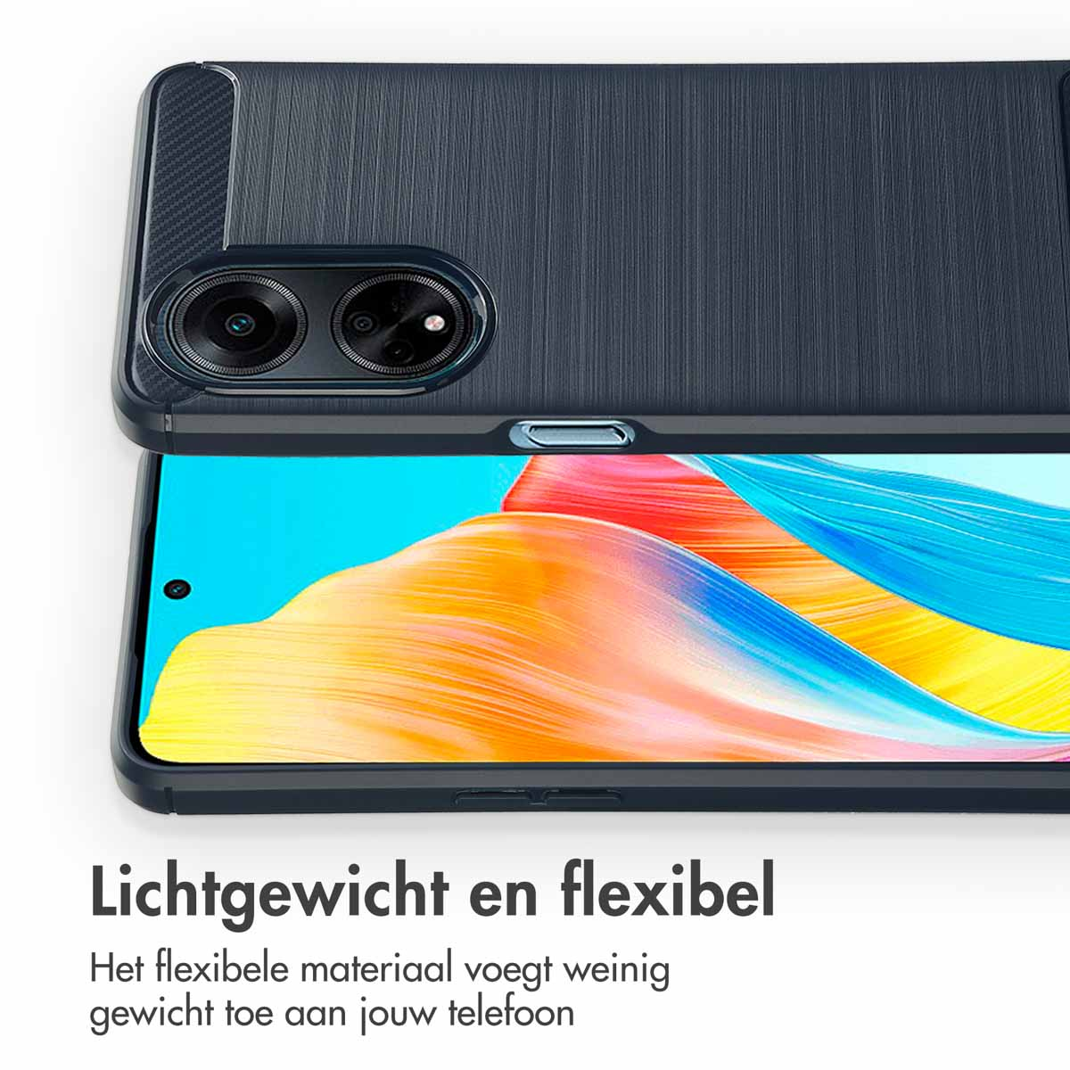 Custodia per telefono con una trama blu-nera, che copre un telefono con uno schermo colorato. Il testo dice leggero e flessibile.