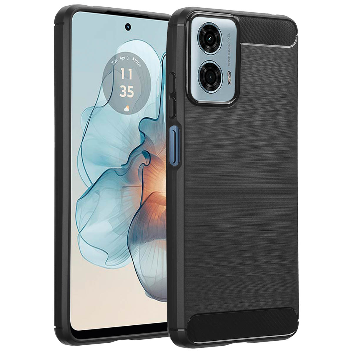 Een zwarte telefoonhoes met een telefoon erin. De hoes heeft een getextureerde achterkant en dubbele camera's.
