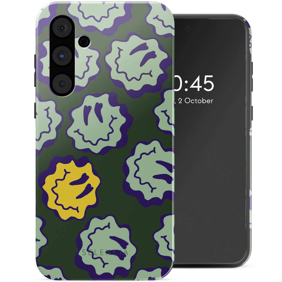 Téléphone avec une coque verte. La coque a des visages souriants verts avec des contours violets. L'écran affiche l'heure.