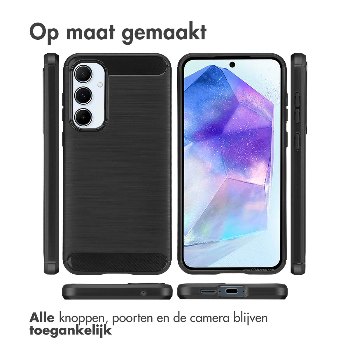 Une coque de téléphone noire avec un téléphone à l'intérieur, montrant les boutons, les ports et l'appareil photo accessibles.