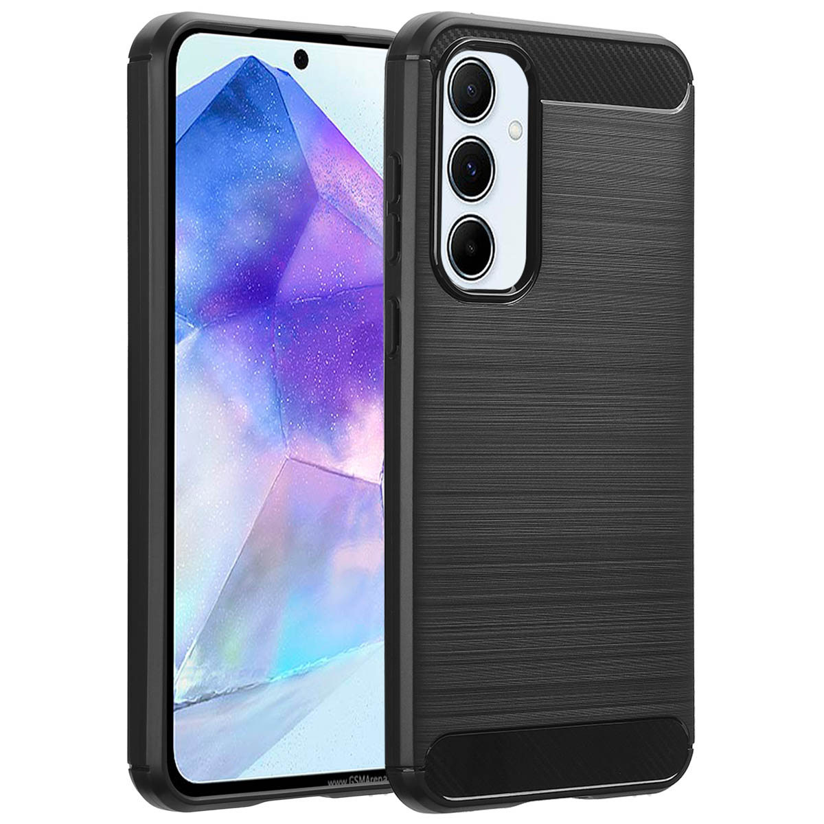 Un étui de téléphone noir avec un téléphone à l'intérieur. L'arrière a un design texturé et des découpes pour la caméra.